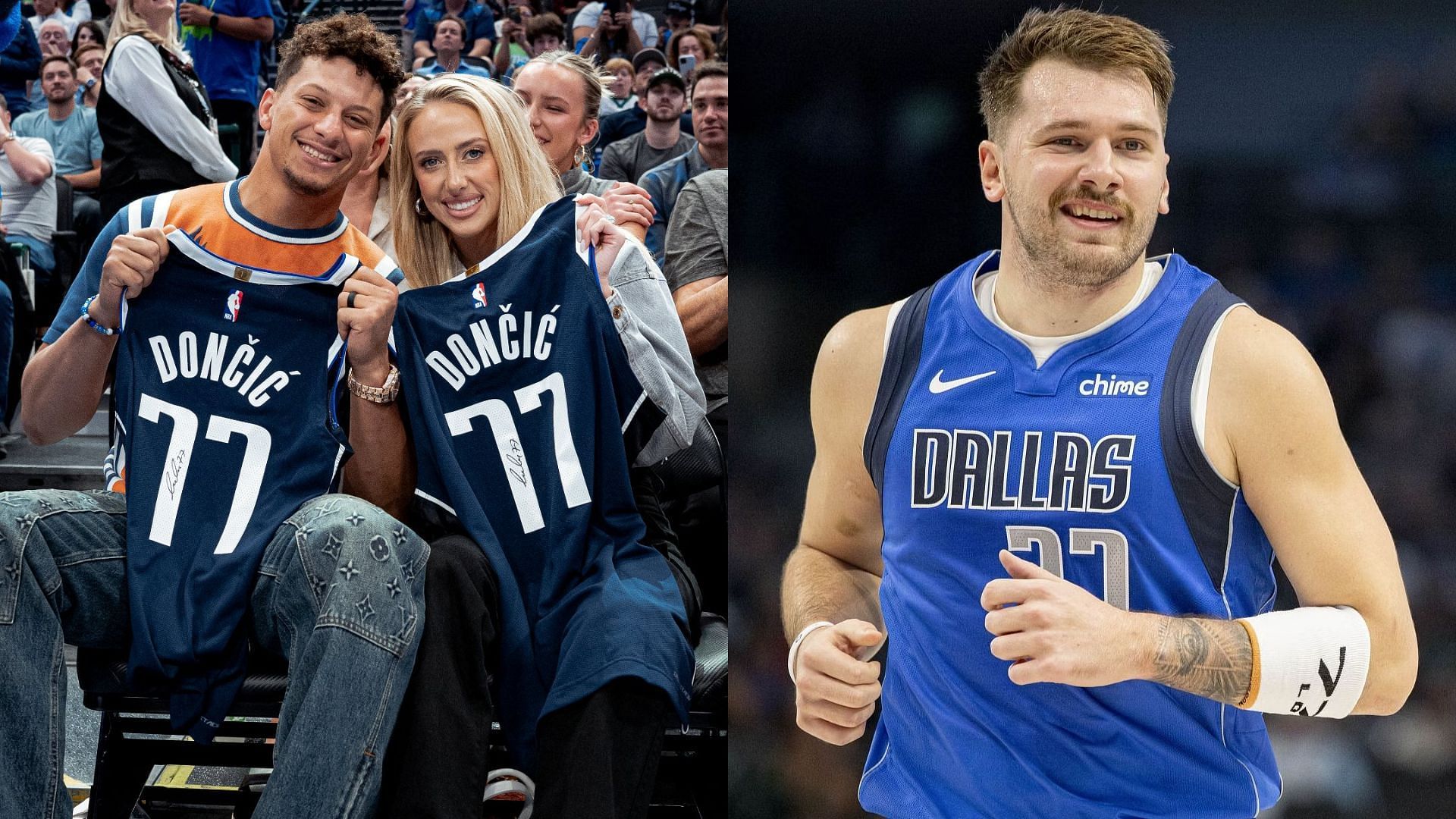 Brittany and Patrick Mahomes showed the autographed jerseys they received from Luka Doncic. (Image credit: Dallas Mavericks on Twitter)
