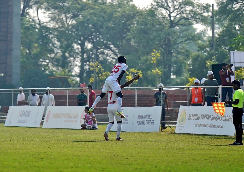Namdhari FC players celebrate their first goal against Inter Kashi FC (Image Credits: X/I-League)