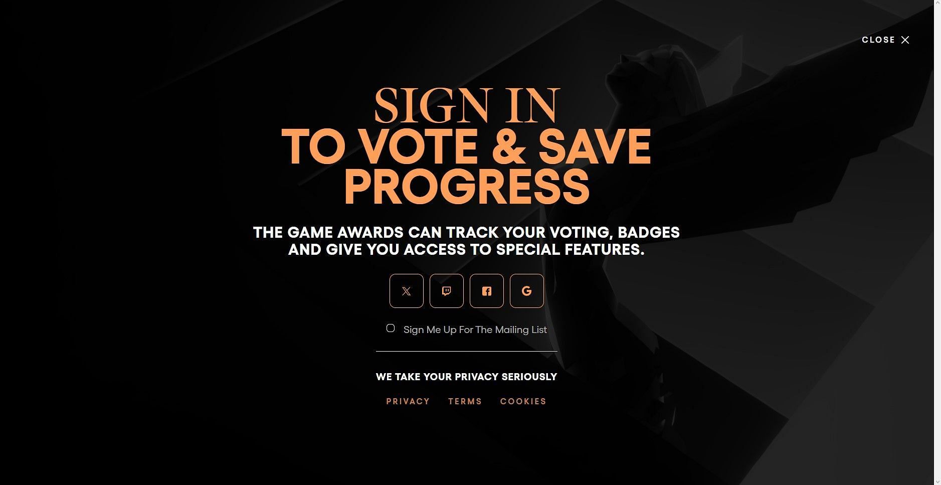 Sign-in page in the TGA 2023 page (Image via The Game Awards)