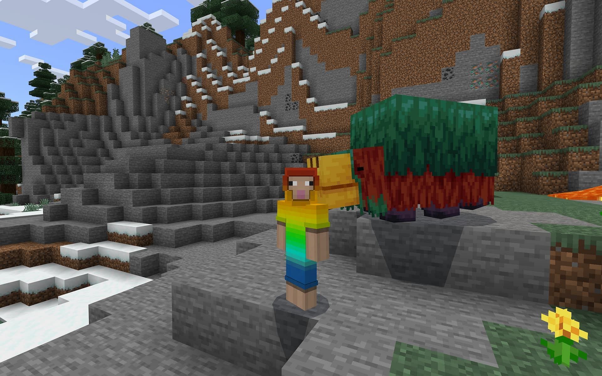 In Minecraft, a rainbow sheep avatar stands in front of a sniffer mob in front of a mountain.