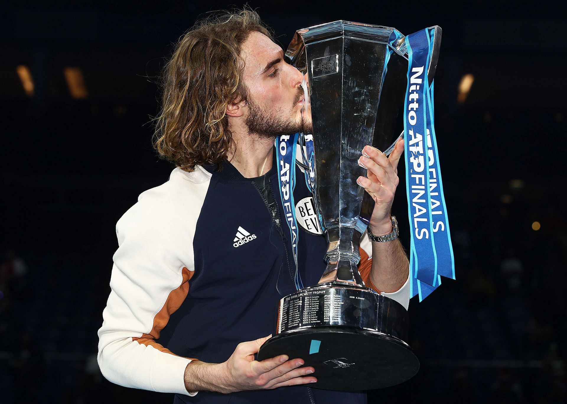 Stefanos Tsitsipas pictured with his maiden ATP Finals trophy