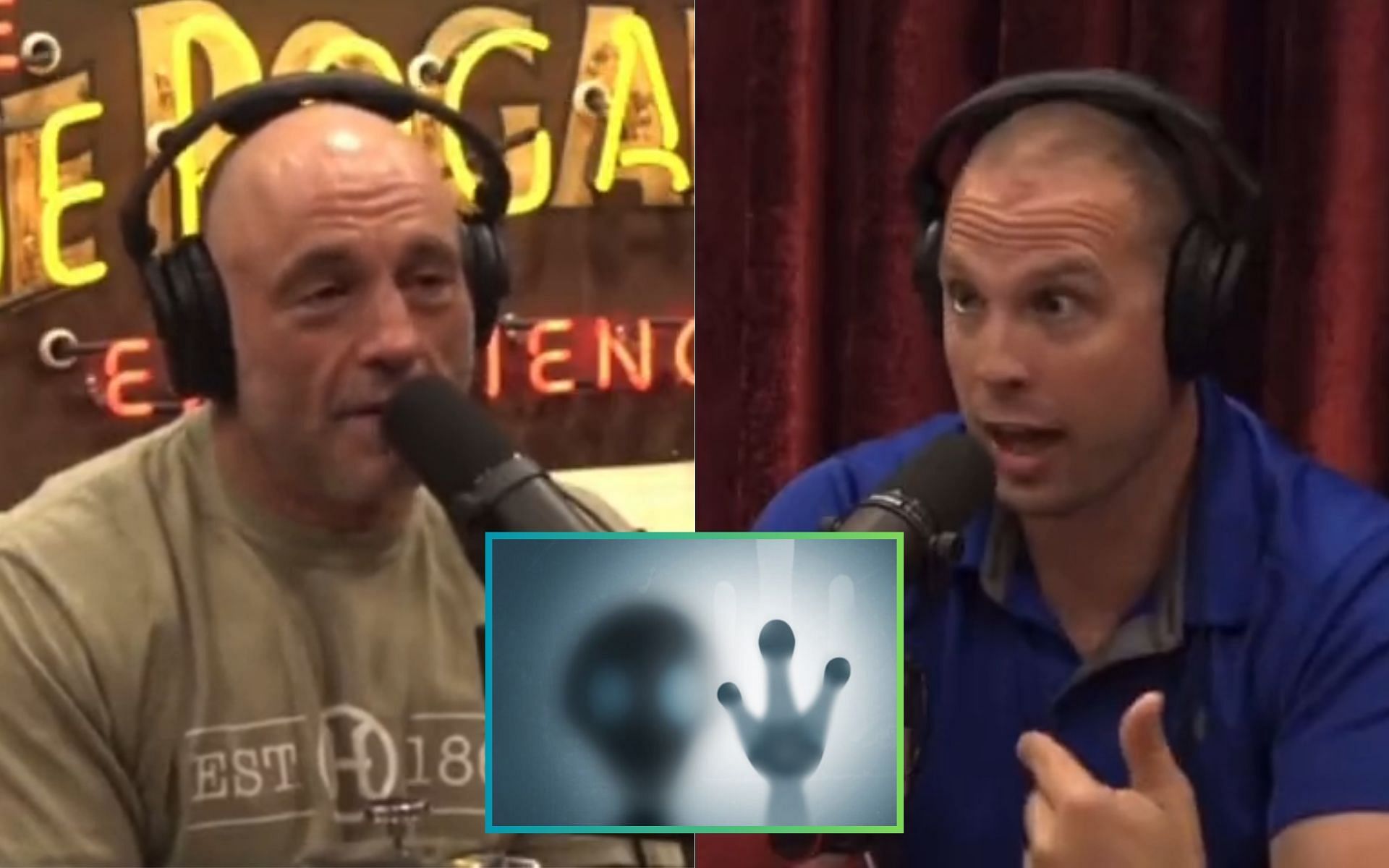 Joe Rogan (Left); representational image of possible alien being (Middle); David Grusch (Right) [*Image courtesy: @UAPJames Twitter/X, JRE clips YouTube channel, and Creative Commons]