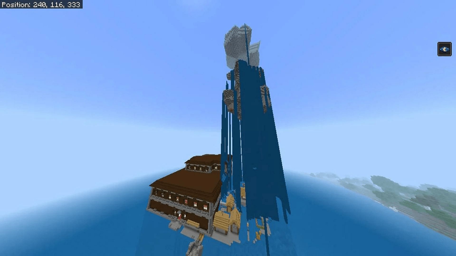 Деревня и особняк в этом сиде Minecraft осложняются водопадом над головой (Изображение взято с Fragrant_Result_186/Reddit)