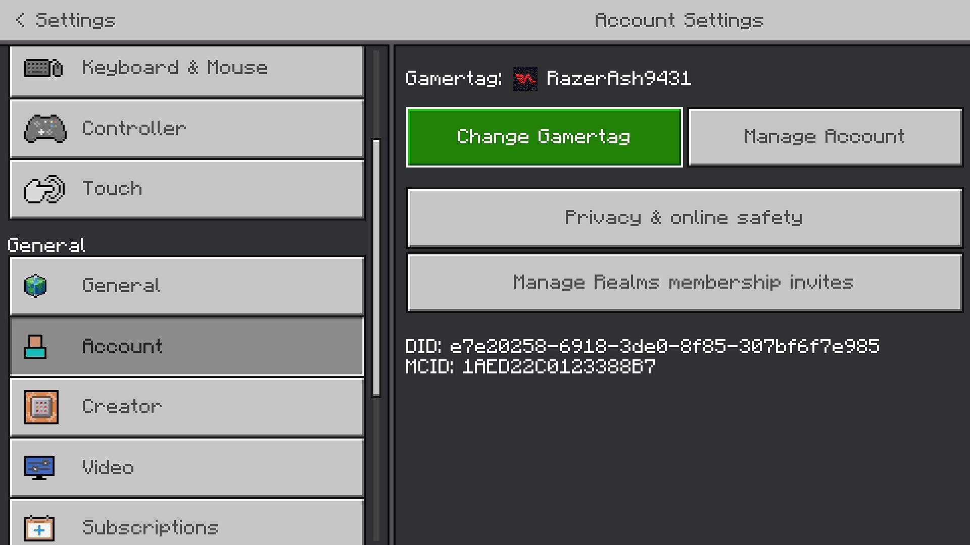 Change gamertag option in the accounts settings of Minecraft Bedrock Edition (Image via Mojang)