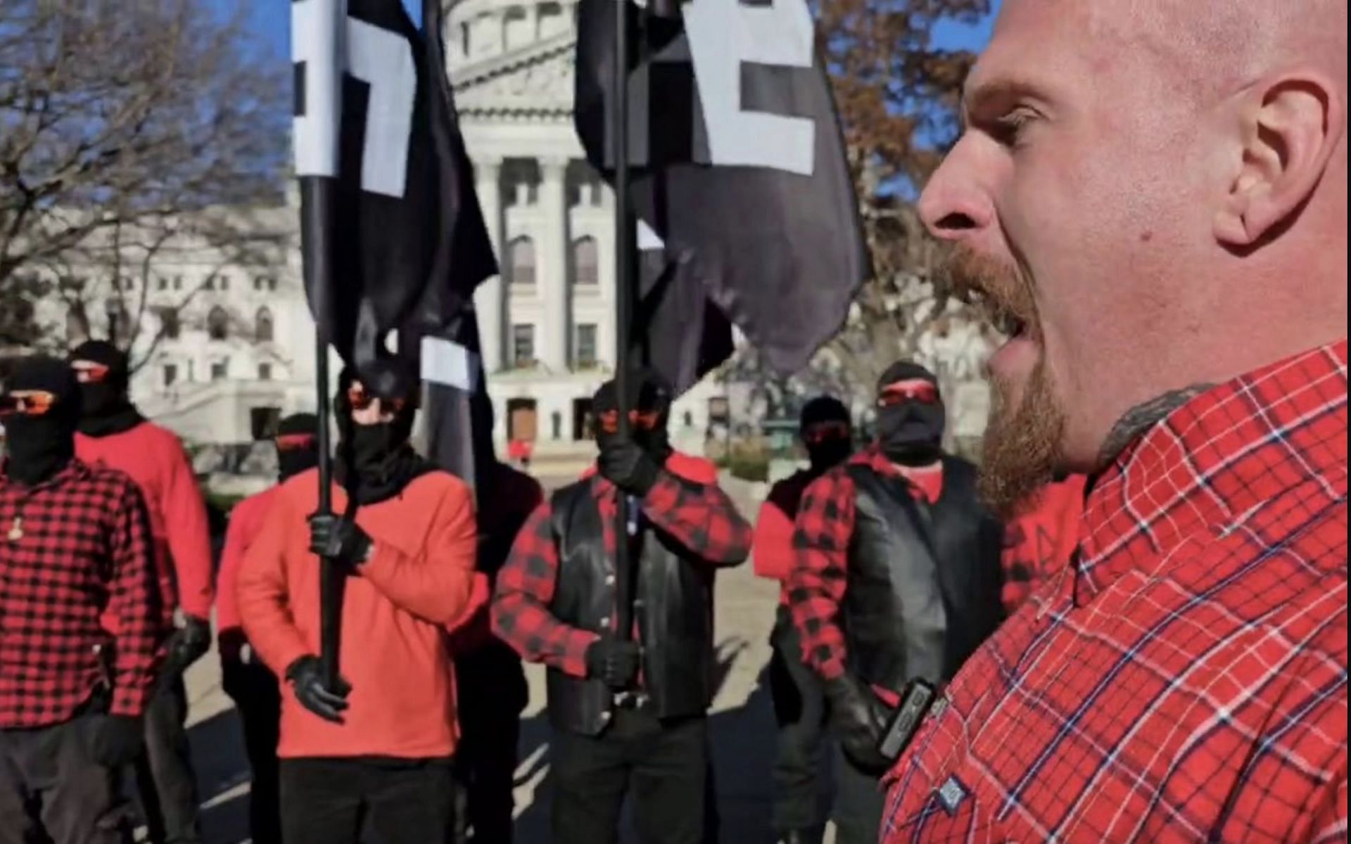 Details about the neo-Nazi group, Blood Tribe explored as the group holds antisemitic rally in downtown Madison. (Image via @orensegal/ Twitter)