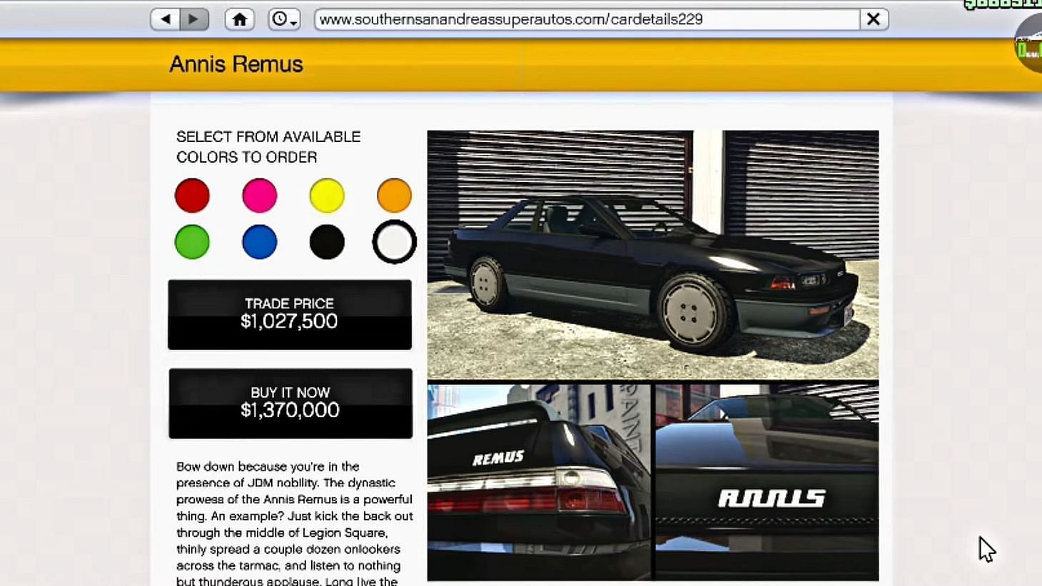 Annis Remus&#039; page on Southern San Andreas Super Autos (Image via YouTube/DigitalCarAddict)