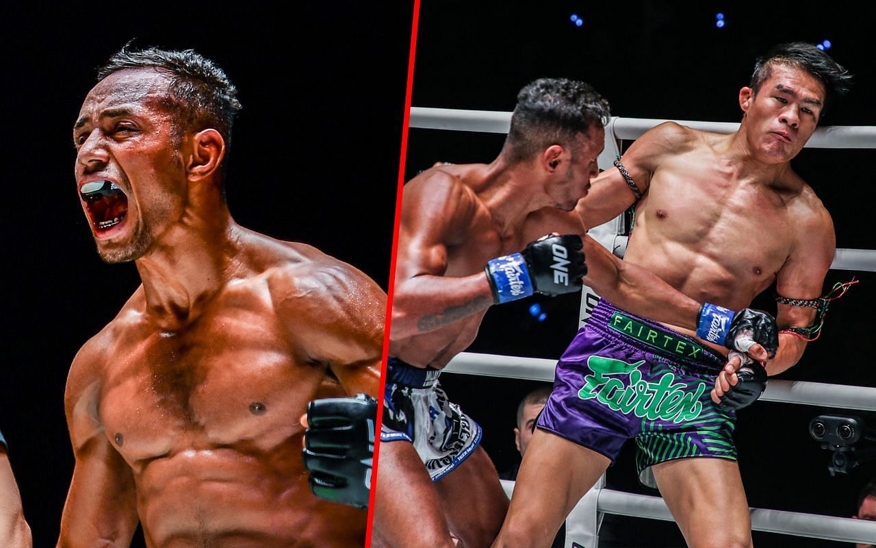 Felipe Lobo (left) and Lobo fighting Saemapetch Fairtex (right) | Image credit: ONE Championship