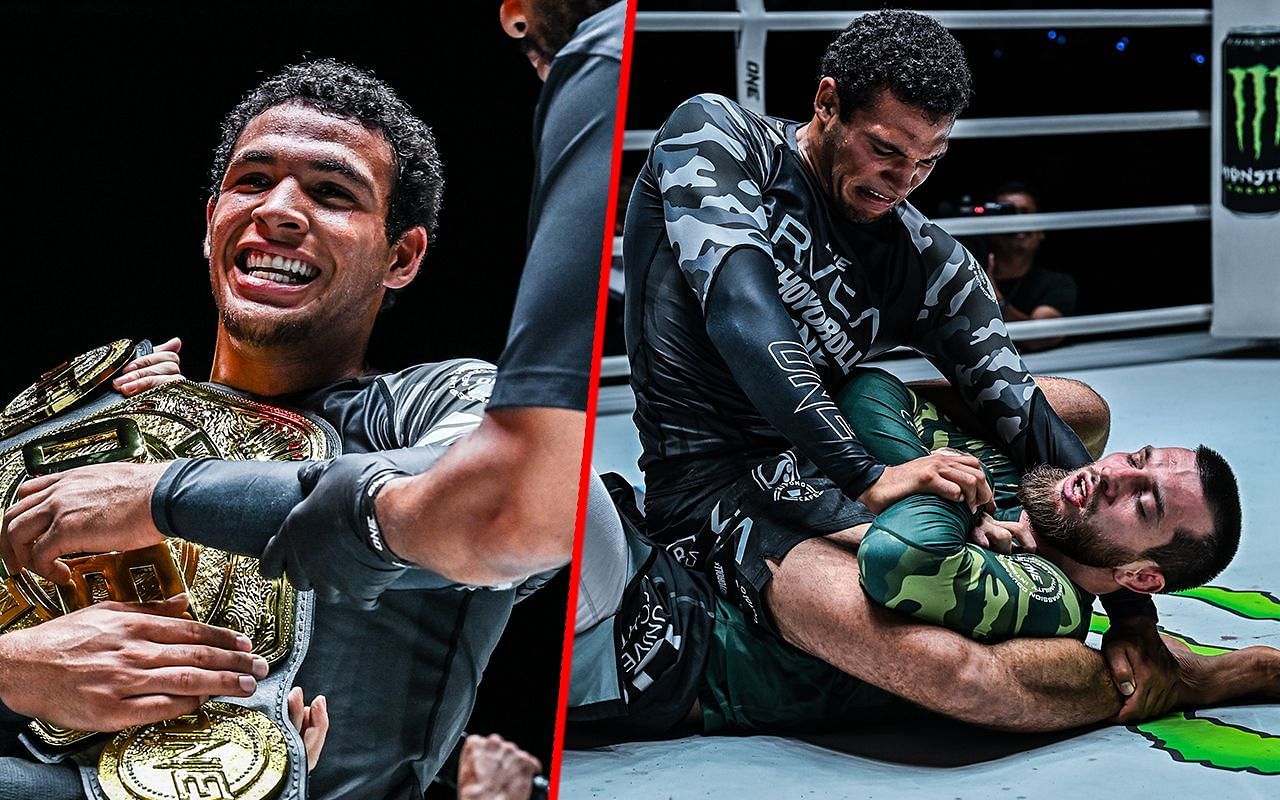 Tye Ruotolo holding his title (left) and Ruotolo fighting Magomed Abdulkadirov (right) | Image credit: ONE Championship