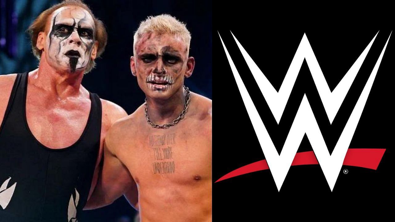 Sting and Darby Allin (left) &amp; WWE logo (right)