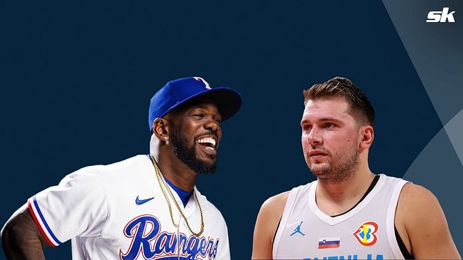ALCS MVP Adolis Garcia brings championship spirit to Mavericks game, swaps jerseys with Luka Doncic in sporting moment