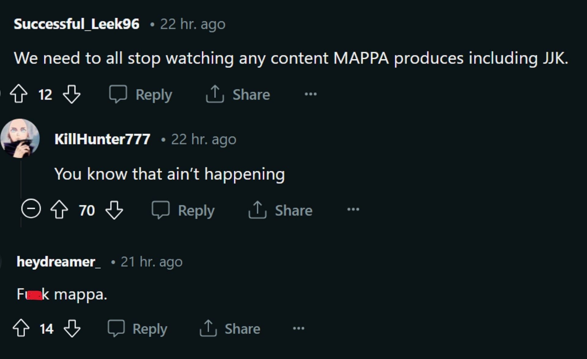 Fans suggest boycotting MAPPA&#039;s shows (Screengrab via Reddit thread r/JuJutsu Kaisen)