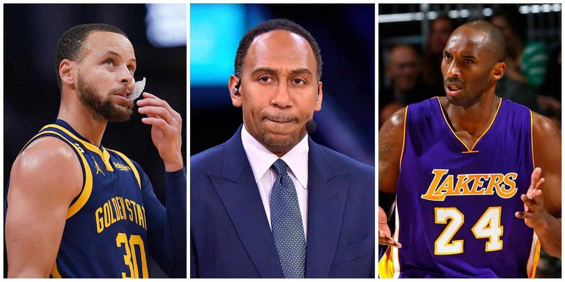Stephen A. Smith (centre) snubbed Stephen Curry (left) and the late Kobe Bryant (right) off his list with the Top-5 players off all-time in the NBA