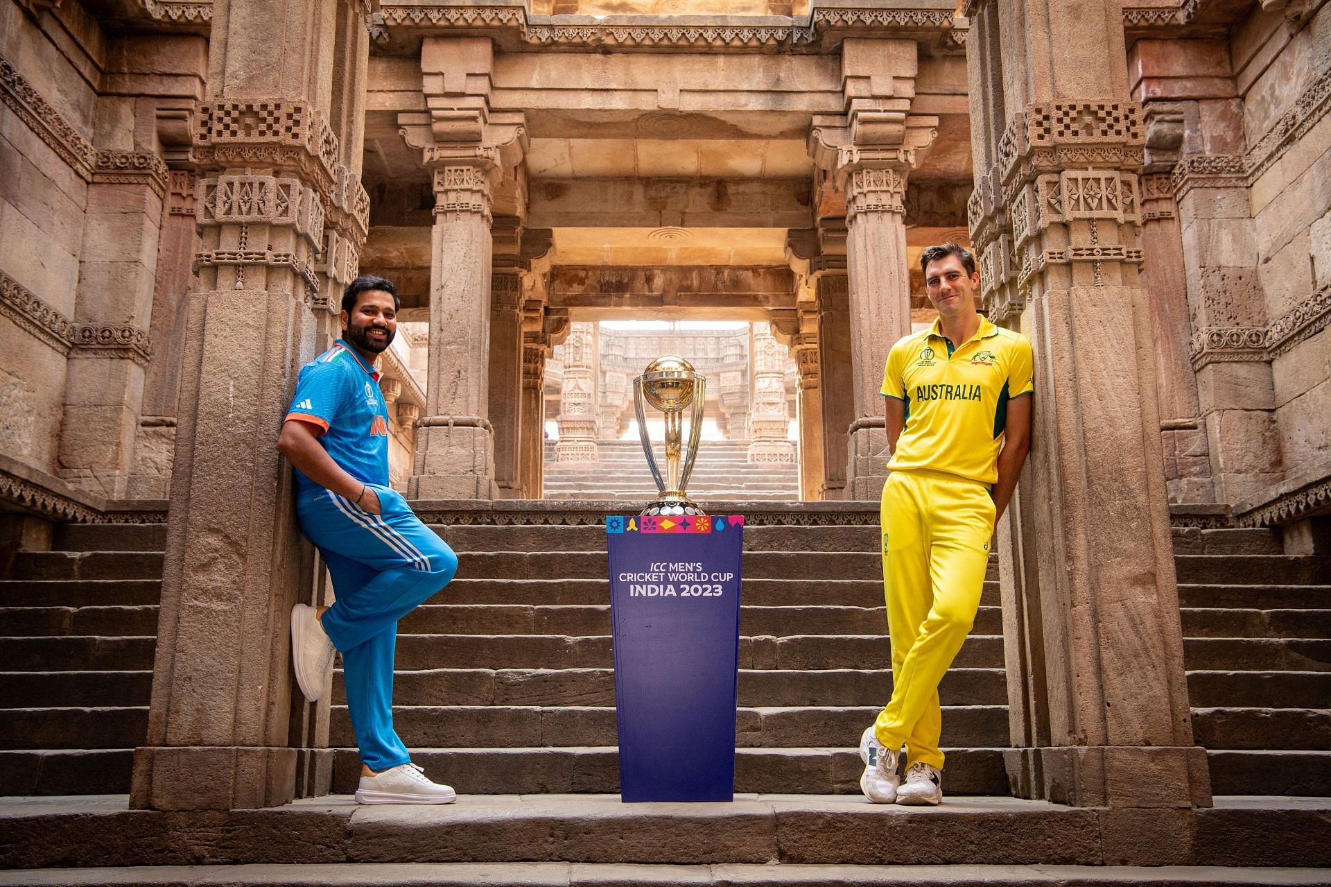 Rohit Sharma and Pat Cummins posing with the World Cup trophy ahead of final. (Credits: ICC)