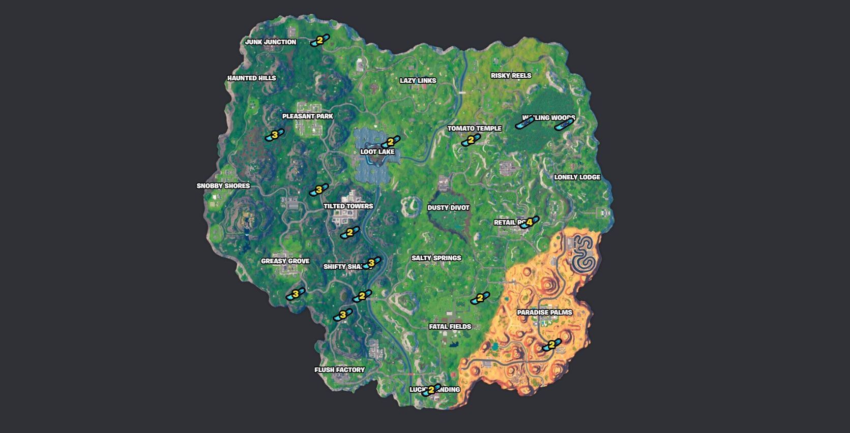 Tous les emplacements d'Hoverboard dans le chapitre 4 de la saison 5. (Image via Fortnite.gg)