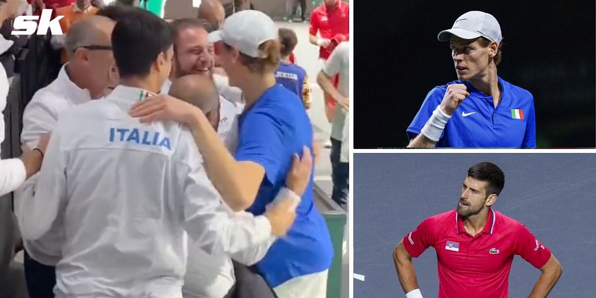 Jannik Sinner celebrates his Davis Cup SF win over Novak Djokovic 