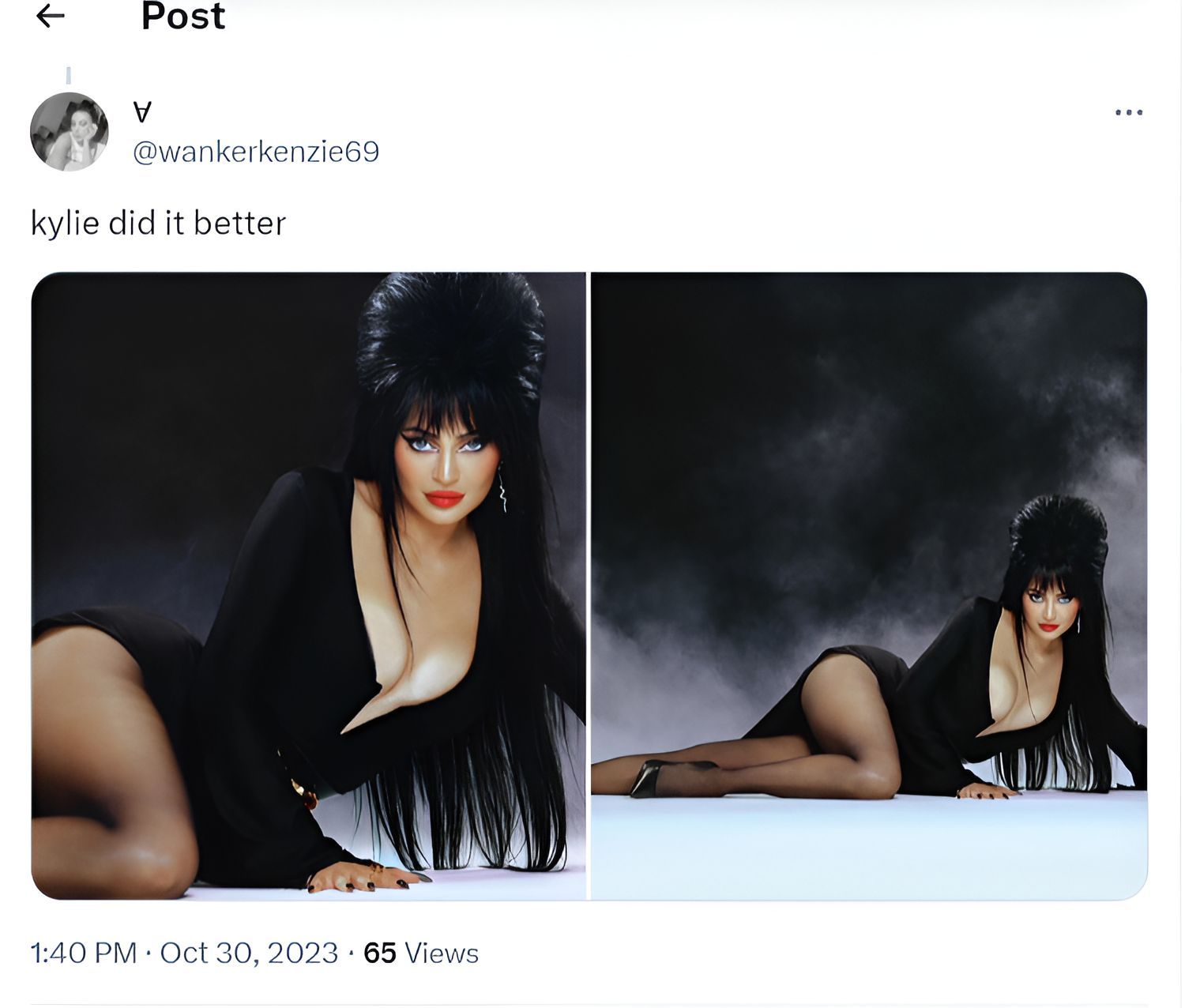 Another user compared her look with Kylie&#039;s 2022 Elvira getup and claimed that Kylie Jenner was a much better fit  (image via @wankerkenzie69 on X)