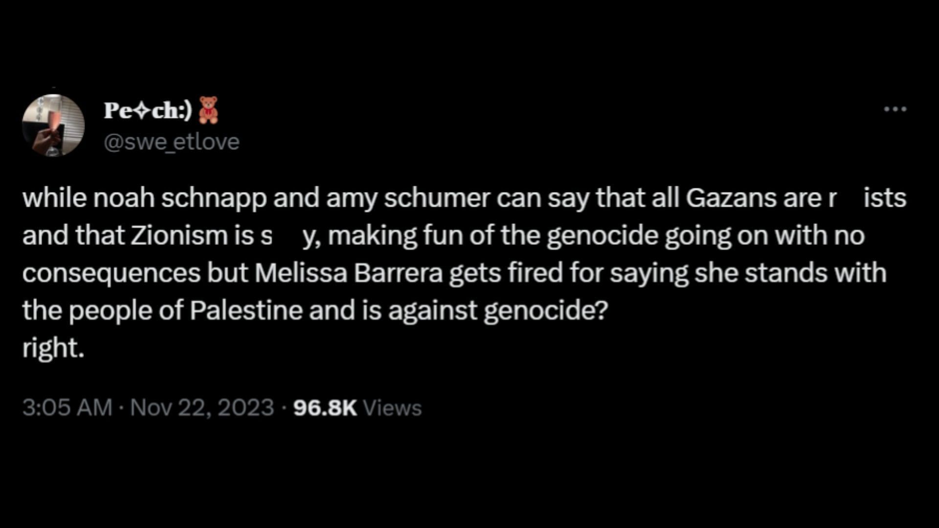 Netizens call out Hollywood for not firing Noah Schnapp or Amy Schumer but dropping Barrera for pro-Palestine posts. (Image via X/@swe_etlove)