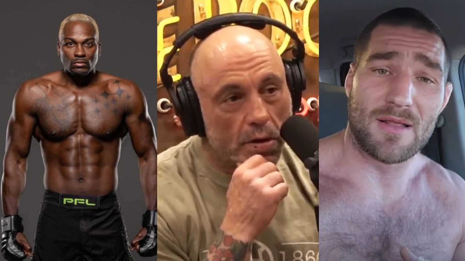 Derek Brunson (left), Joe Rogan (centre), Sean Strickland (right) [Images courtesy of @derekbrunson &amp; @stricklandmma on Instagram and PowerJRE on YouTube]