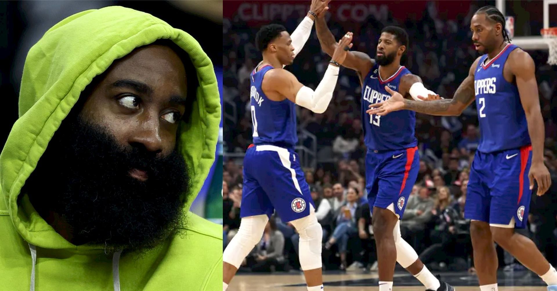 Newly Acquired LA Clippers star guard James Harden and Clippers stars Russell Westbrook, Paul George and Kawhi Leonard