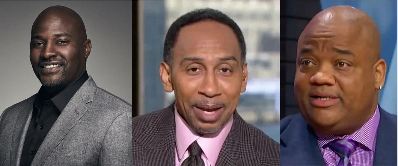 Stephen A. Smith (C) is seemingly not over his beef with colleagues Jason Whitlock (R) and Marcellus Wiley (L).