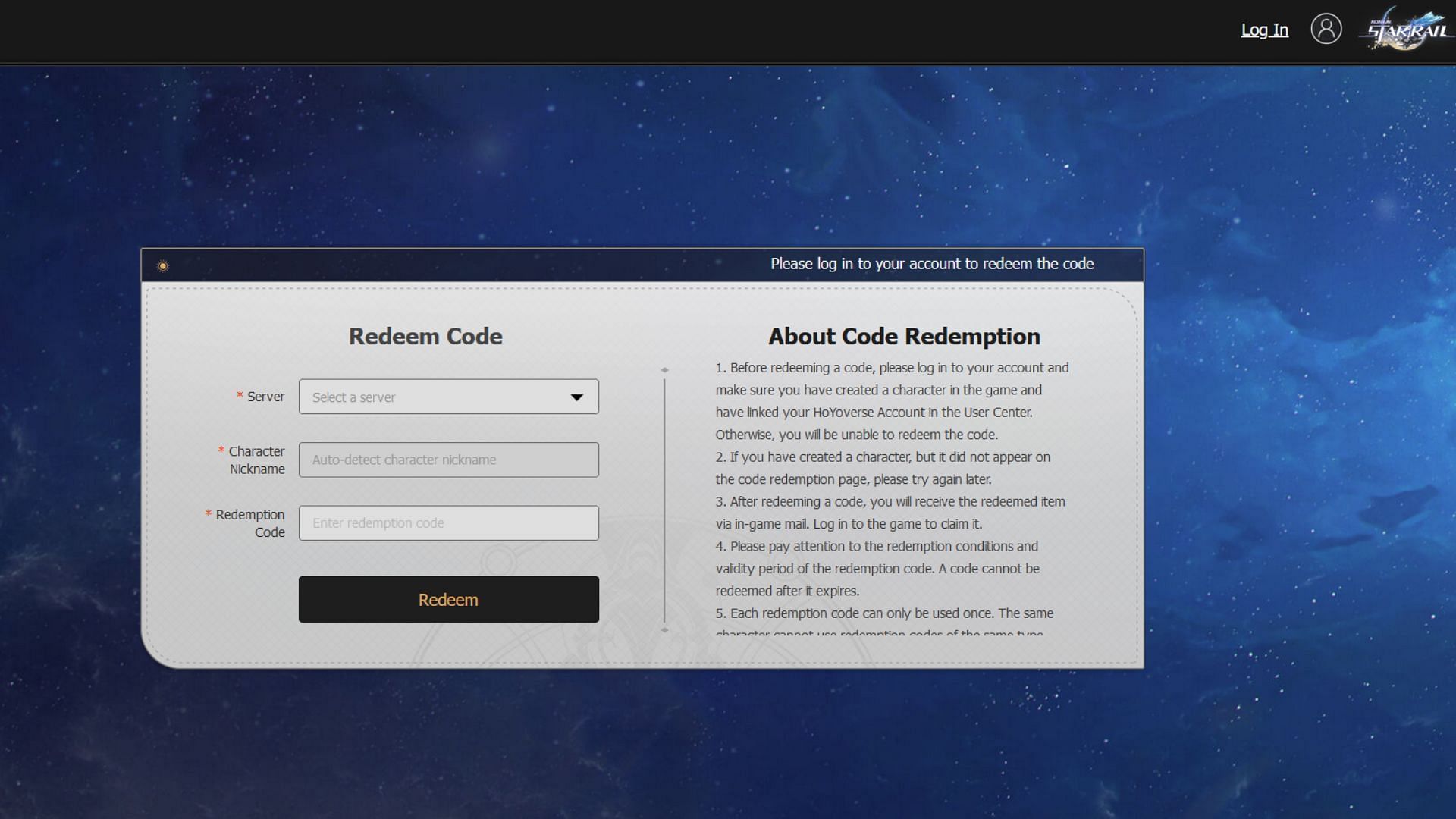 The official code redemption website. (Image via HoYoverse)