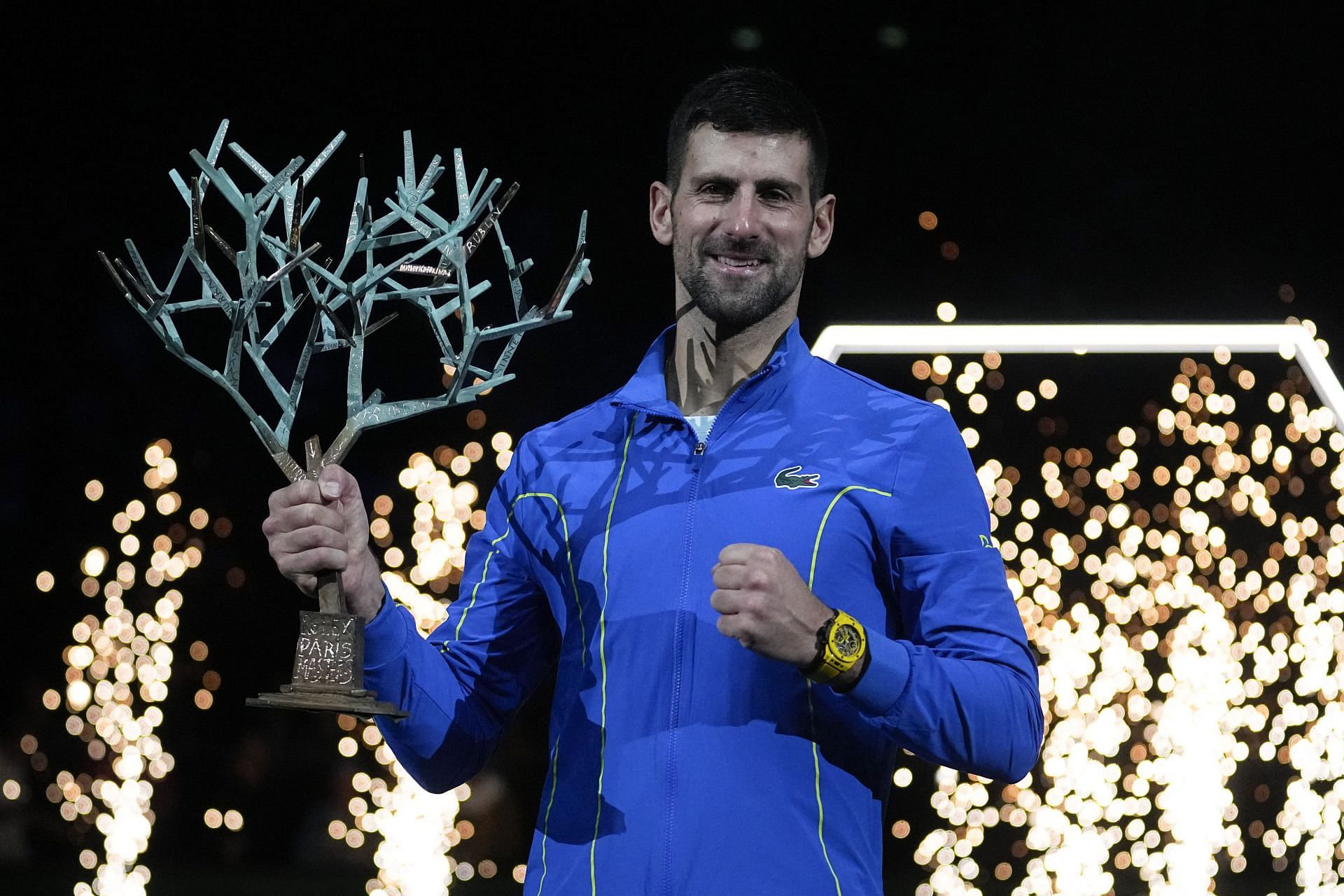 Novak Djokovic pictured with the trophy after winning the 2023 Paris Masters.
