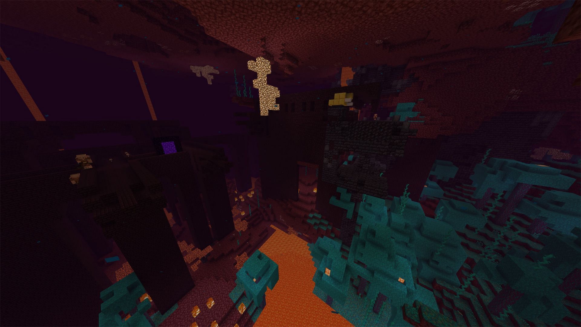The Nether Fortress is surrounded by a Warped forest biome (Image via Mojang)