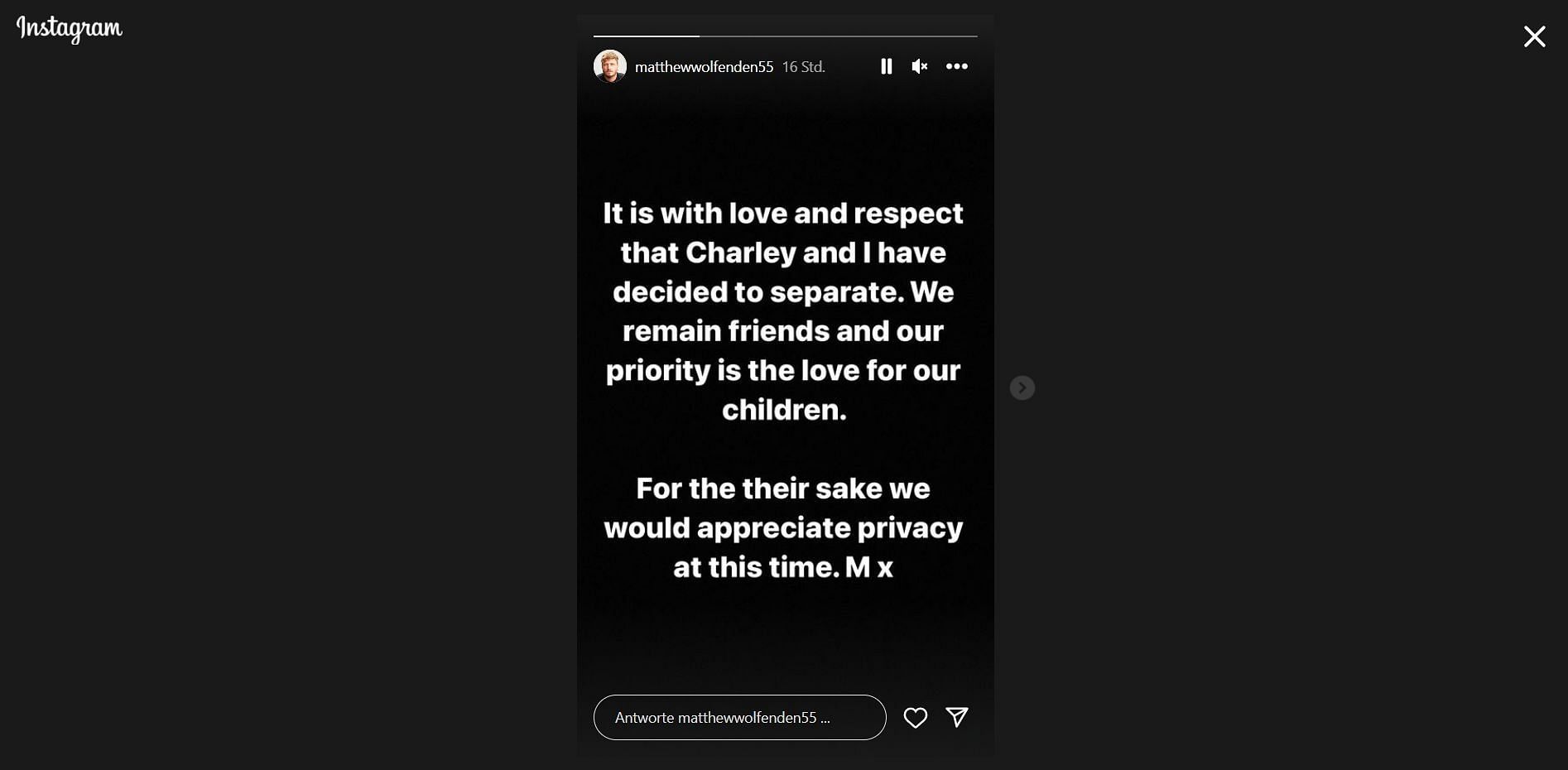 Matthew Wolfenden&#039;s version of the statement on separation (Image via Instagram/@matthewwolfenden55)