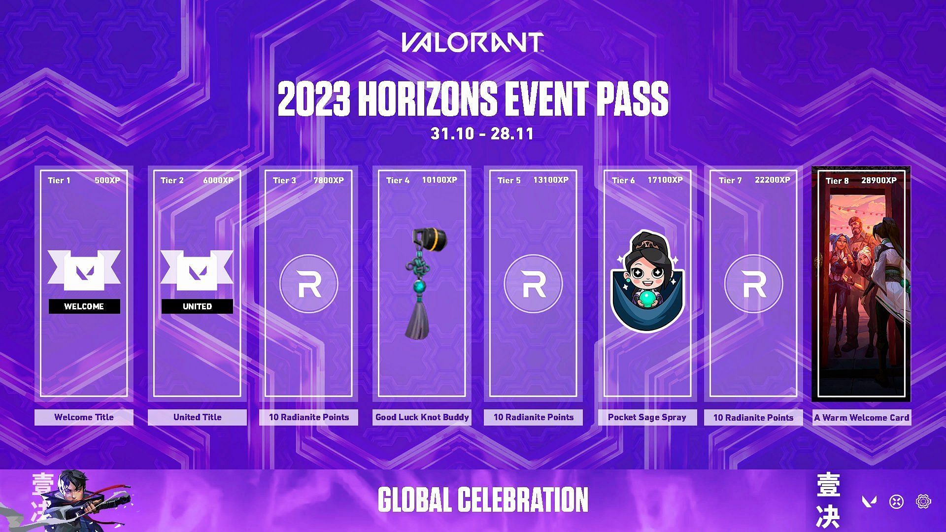 Horizon Event Pass 2023 in Valorant (Image via Riot Games and x.com/KLABOMEGA)