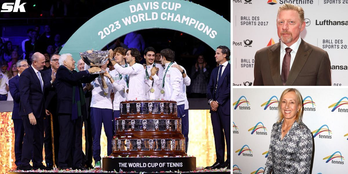 Nicola Pietrangeli lifting the Davis Cup with Italy (L), Boris Becker (upper-right) &amp; Martina Navratilova (lower-right)