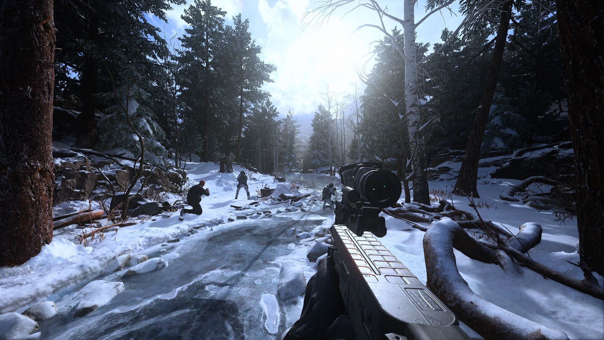 An Operator holding an SMG with three allies in front of him as the sun shines on his face