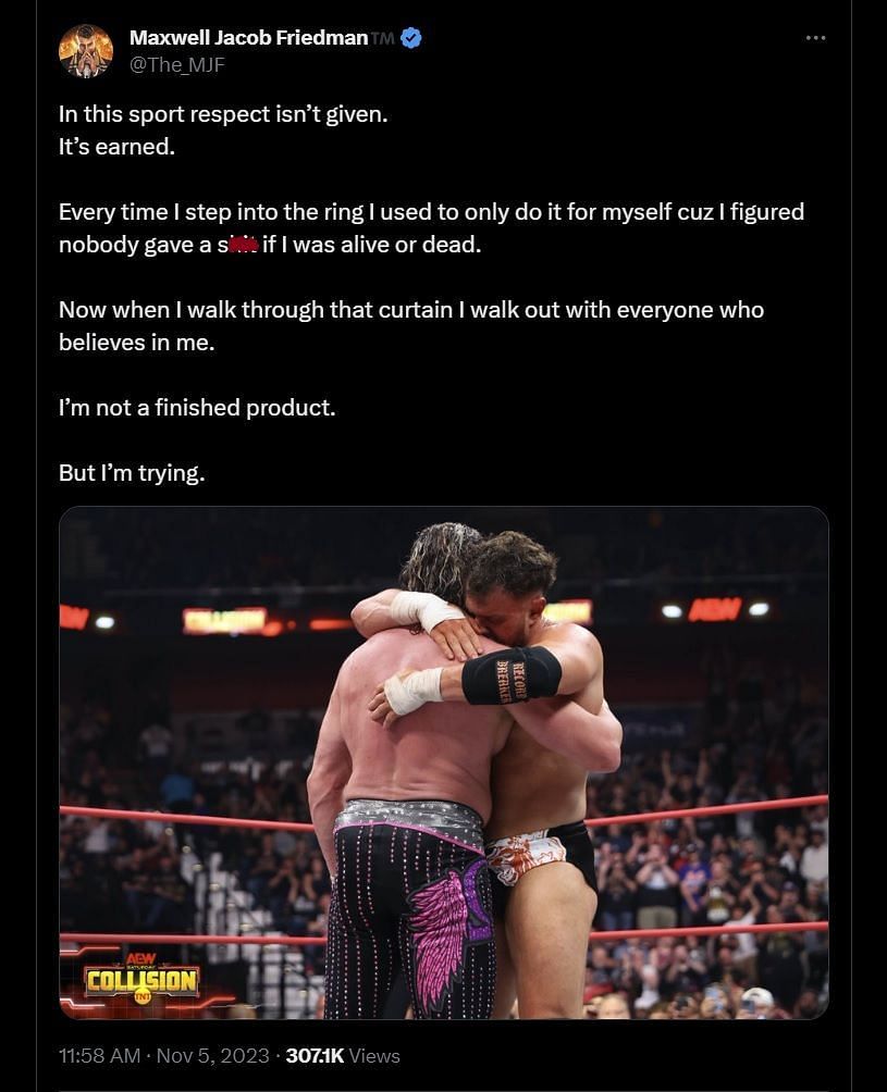 MJF shares an emotional message on X