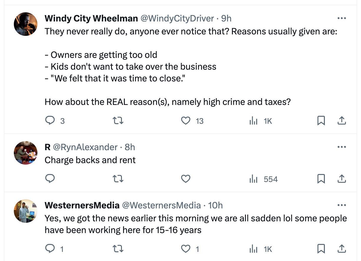 Social media users were perplexed as the 21-year-old restaurant chain announced the permanent shutdown of the Michigan Avenue branch. (Image via X)