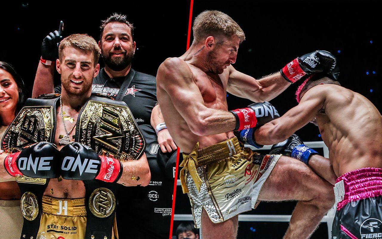 Jonathan Haggerty celebrates his title win (left) and Haggerty fighting Andrade (right) | Image credit: ONE Championship