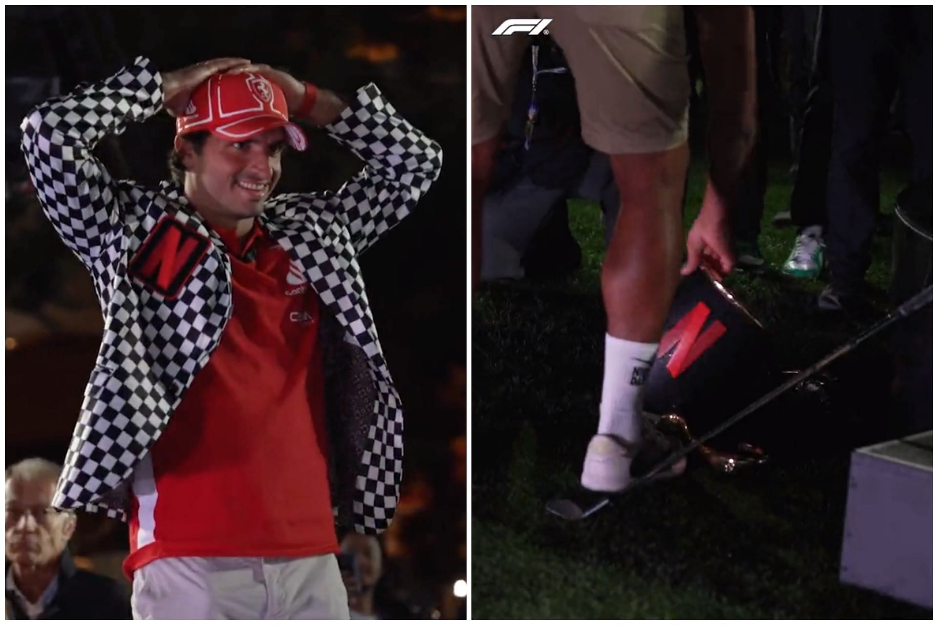 Fans react to Carlos Sainz accidentally breaking the Netflix Cup trophy (Collage via Sportskeeda)