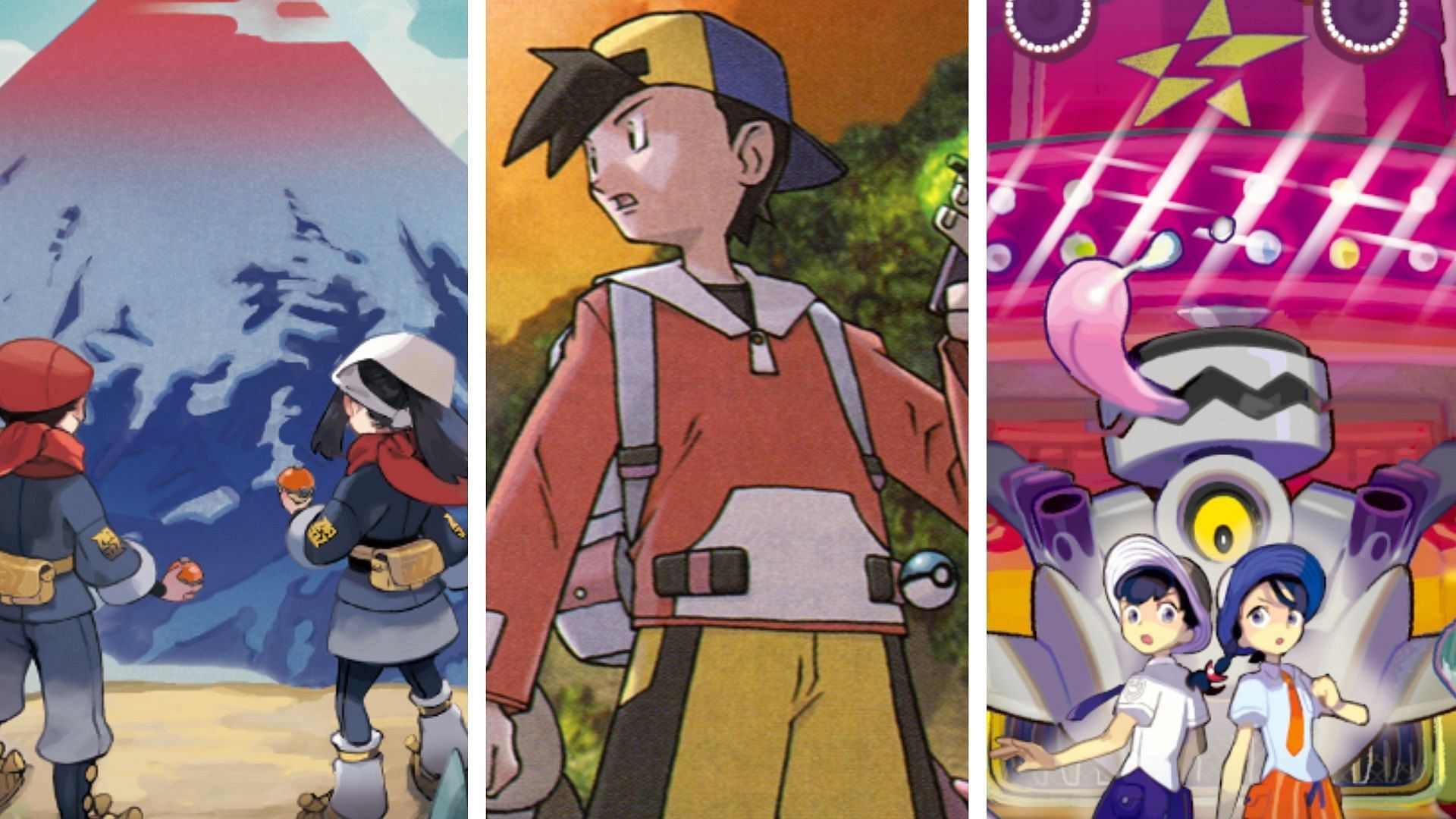 Key artwork for Pokemon Legends: Arceus, Gold and Silver, and Scarlet/Violet.