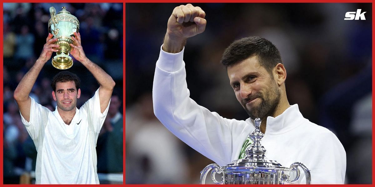 Pete Sampras and Novak Djokovic with their Wimbledon and US Open trophies.