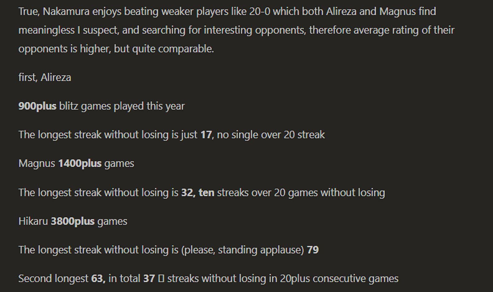 Kramnik shares data comparing the three GMs (Image via Chess.com/Vladimir Kramnik)