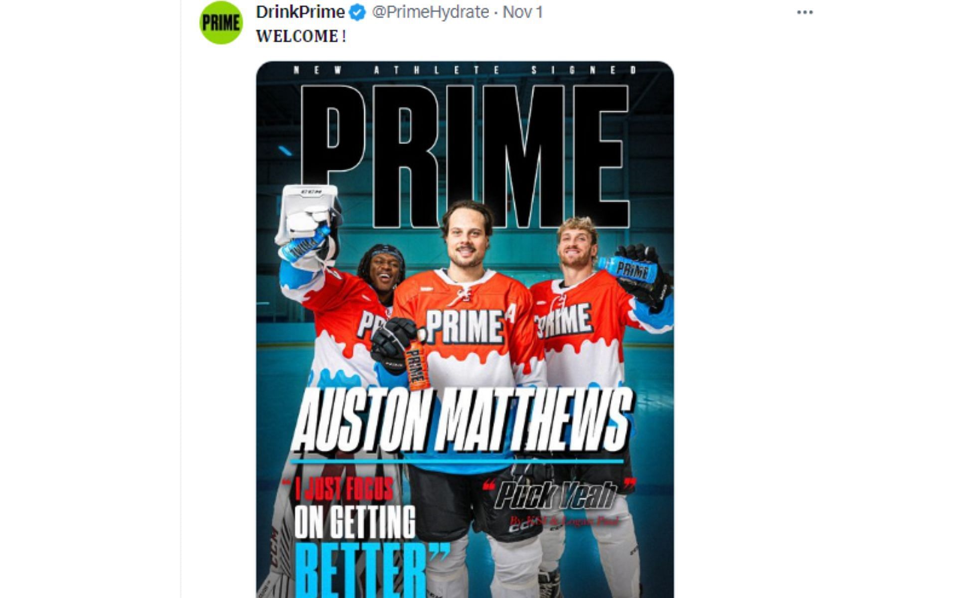 PRIME announcing new athlete signing Auston Matthews