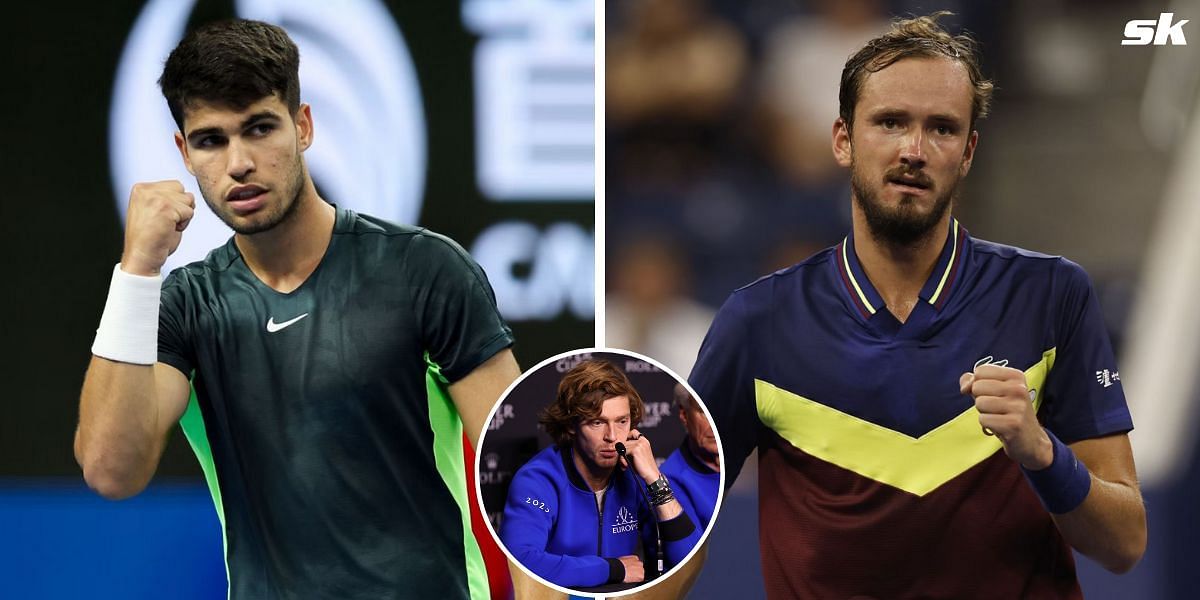 Carlos Alcaraz (L), Andrey Rublev (inset) and Daniil Medvedev (R)