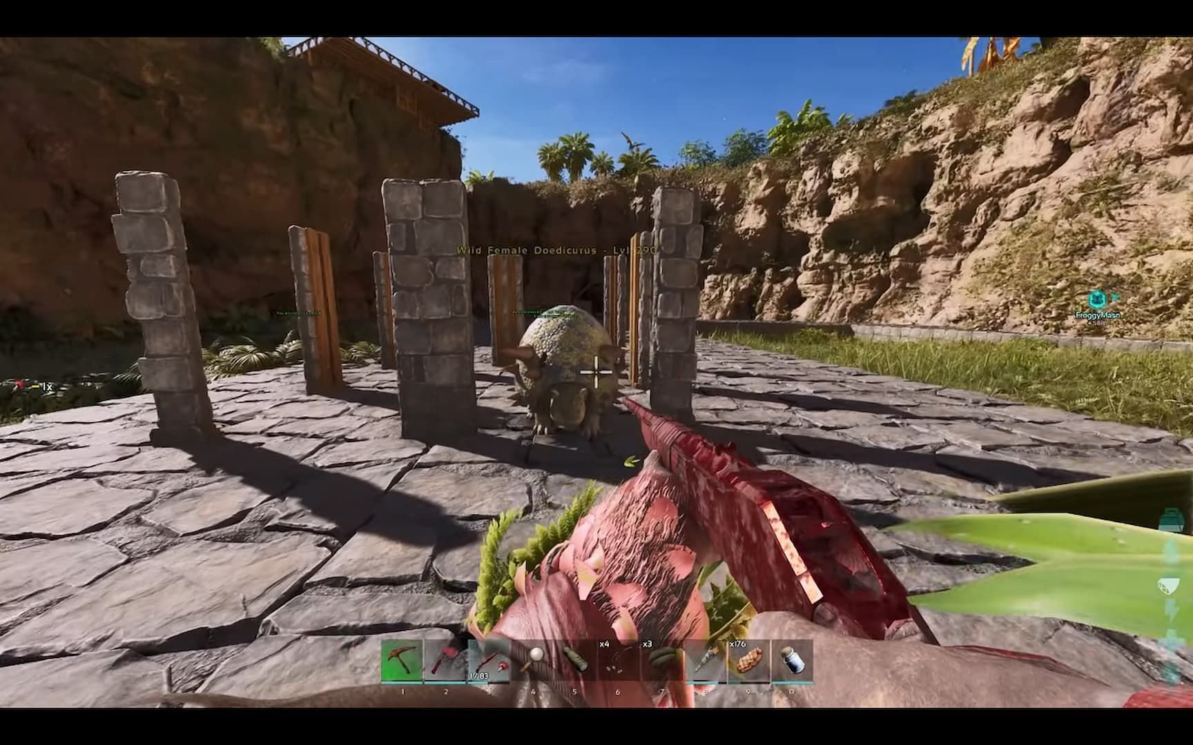 You can use structures in Ark Survival Ascended to lock down high-level Doedicurus as they have larger hitboxes (Image via Studio Wildcard)