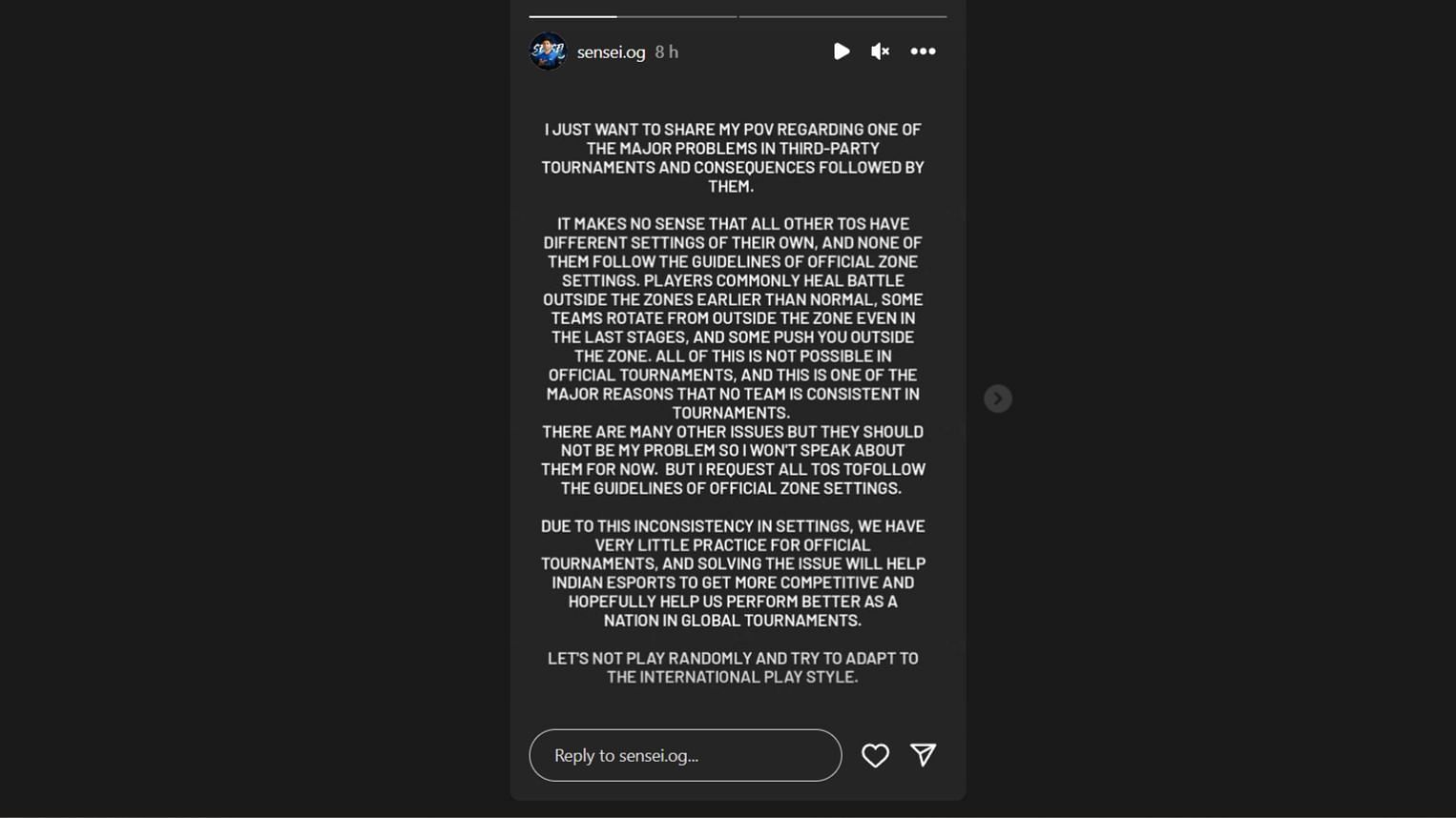 Snippet showing Sensei&#039;s latest Instagram story on problems faced by BGMI players (Image via Instagram/ sensei_og)