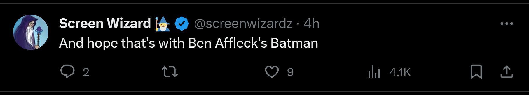 A tweet reply to DF&#039;s post about Snyder&#039;s Batman comments (Image via X)