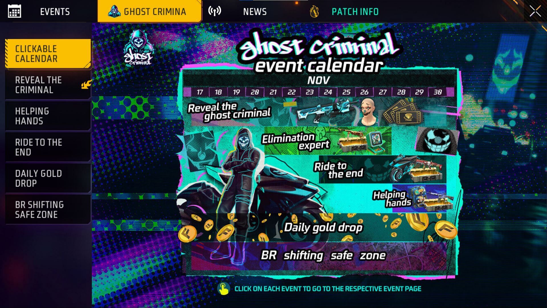 Here is the calendar of the Ghost Criminal events (Image via Garena)