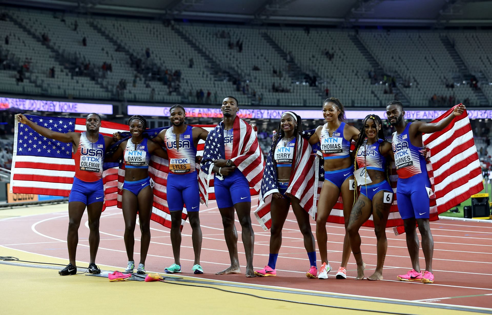 Team USA after winning the men&#039;s and women&#039;s 4x100m relay at the 2023 World Athletics Championships in Budapest