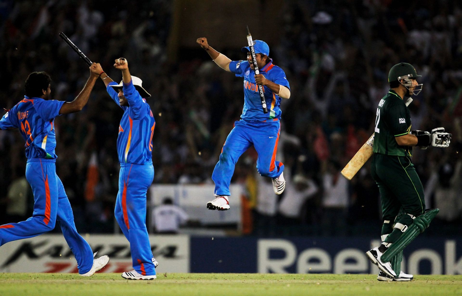 The Indian team celebrate their victory over Pakistan during the 2011 ICC World Cup second semi-final in Mohali. (Pic: Getty Images)