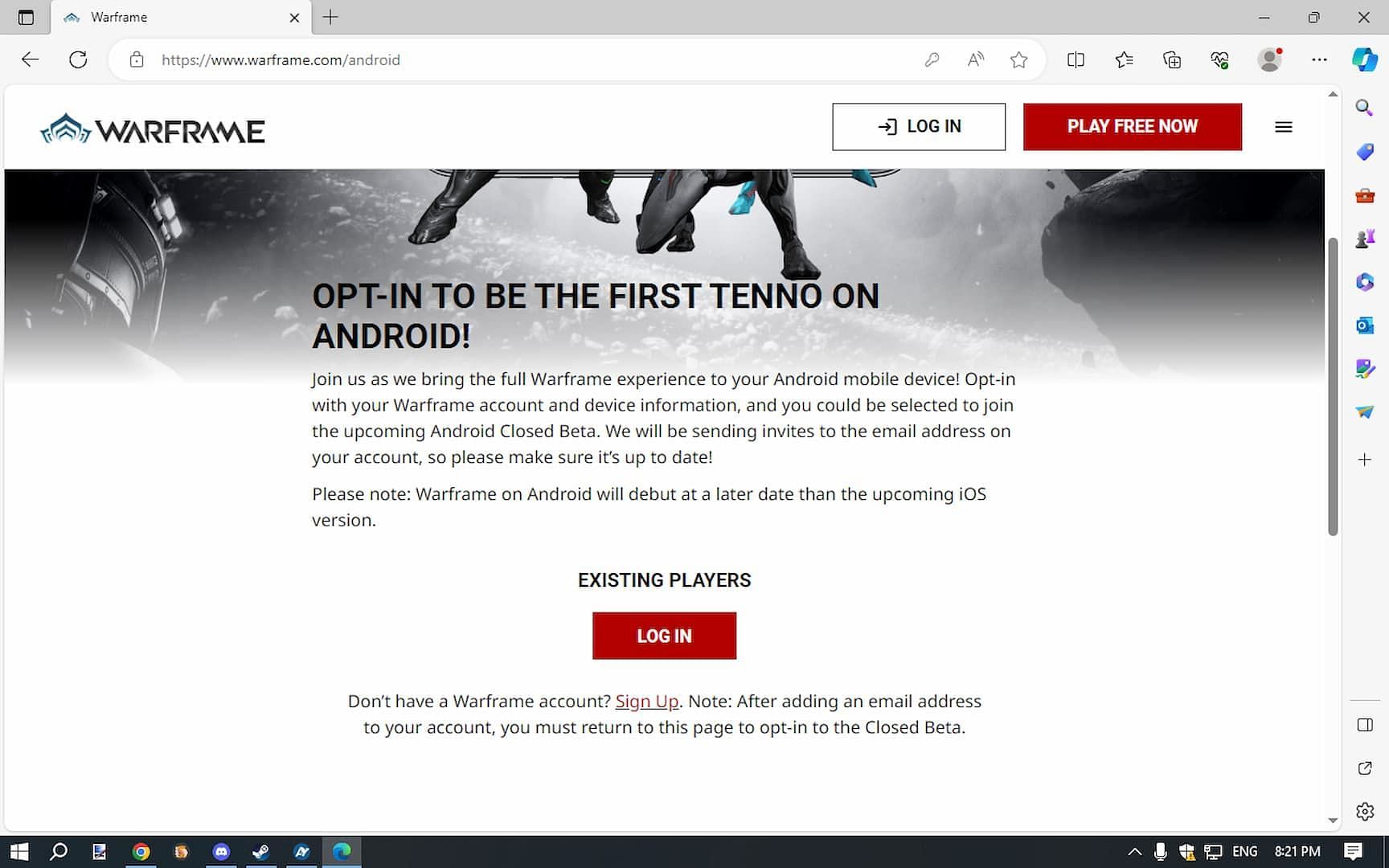Opt-in page for the closed beta for Android (Image via Digital Extremes)