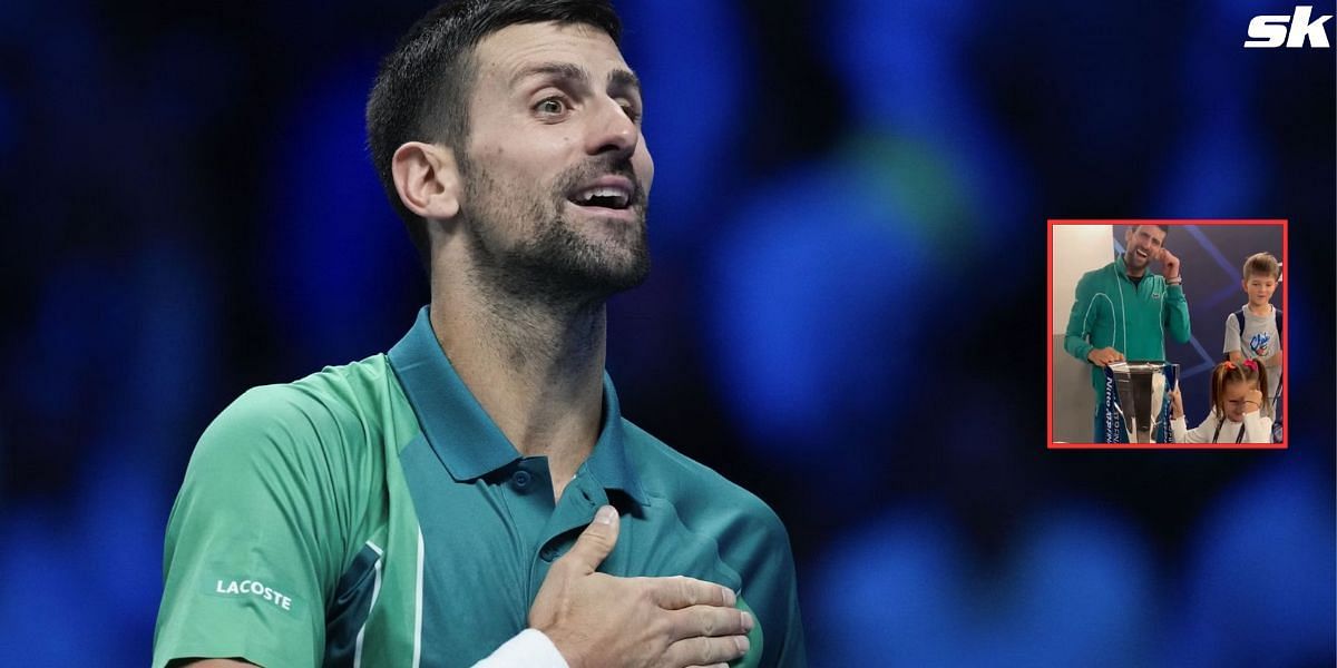 Novak Djokovic and his children, Stefan and Tara, at the 2023 ATP Finals