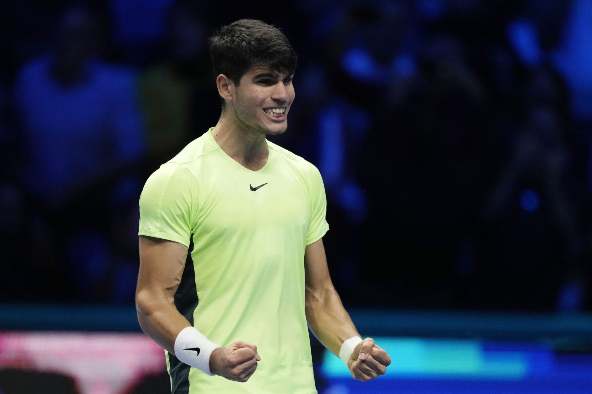 Carlos Alcaraz celebrates his win against Andrey Rublev