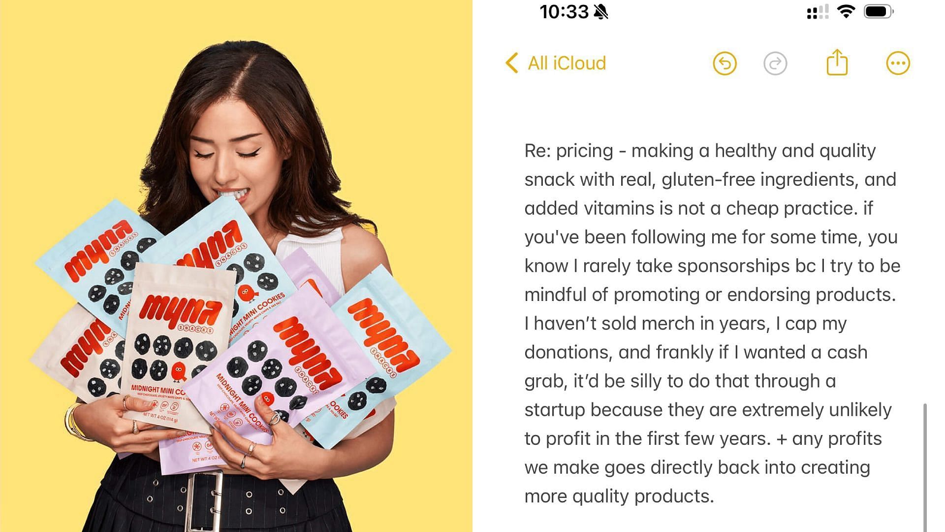 Pokimane addresses rebranding controversy (Image via Myna Snacks, Pokimane/X)